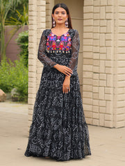 Appealing Black Georgette Thread Embroidered Traditional Gown