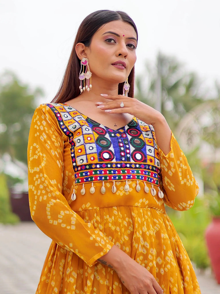 Tantalizing Yellow Bandhani Printed Georgette Festival Wear Gown
