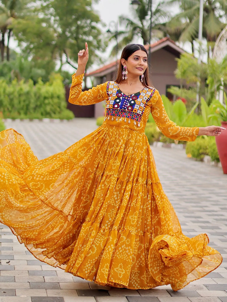 Tantalizing Yellow Bandhani Printed Georgette Festival Wear Gown