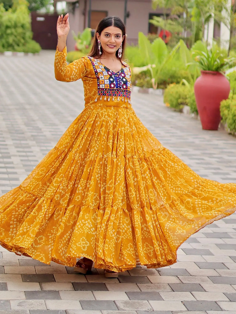 Tantalizing Yellow Bandhani Printed Georgette Festival Wear Gown