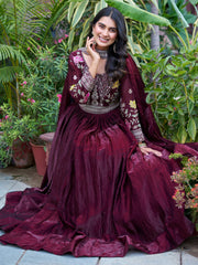 Attractive Wine Sequins Silk Festival Wear Gown With Dupatta