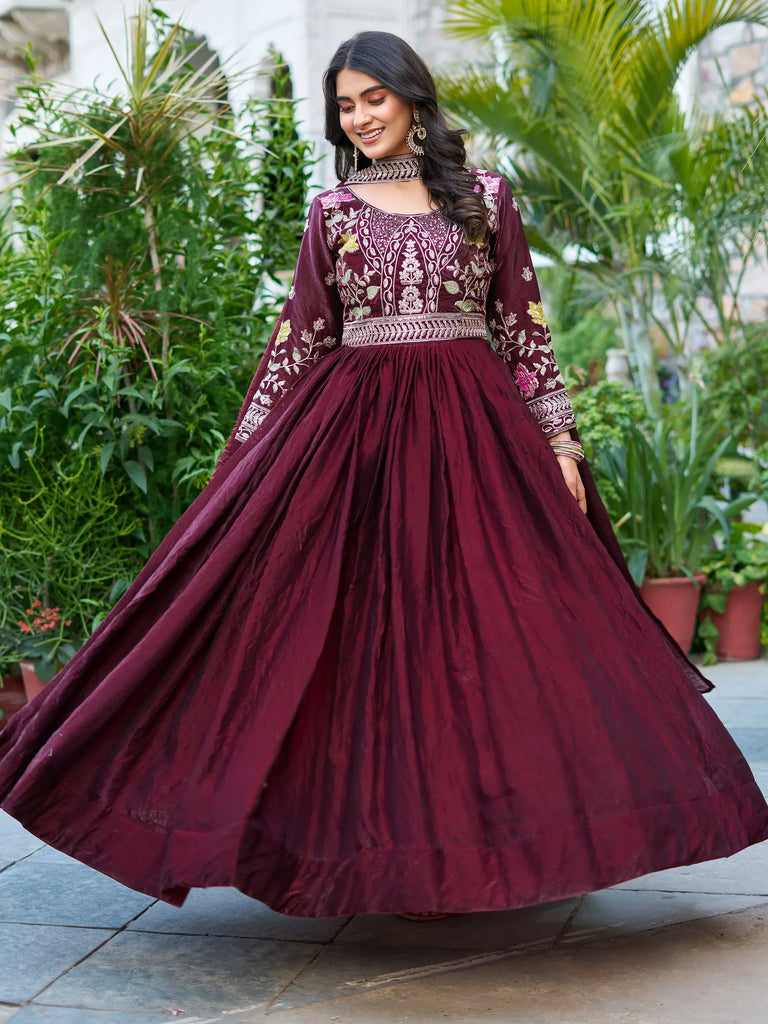 Attractive Wine Sequins Silk Festival Wear Gown With Dupatta