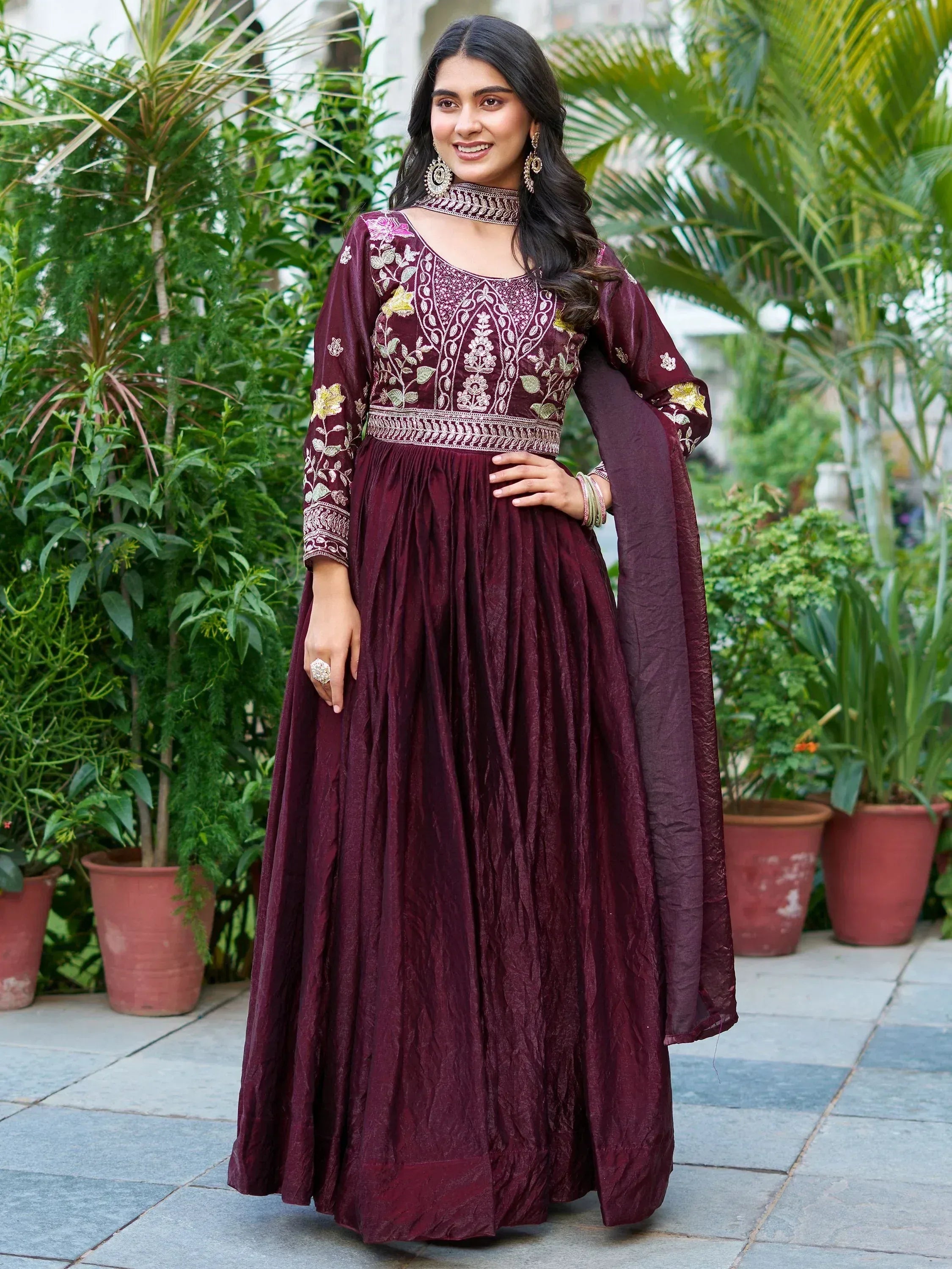 Maroon embroidered anarkali suit with floral detailing, perfect for Indian ethnic occasions