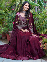 Attractive Wine Sequins Silk Festival Wear Gown With Dupatta