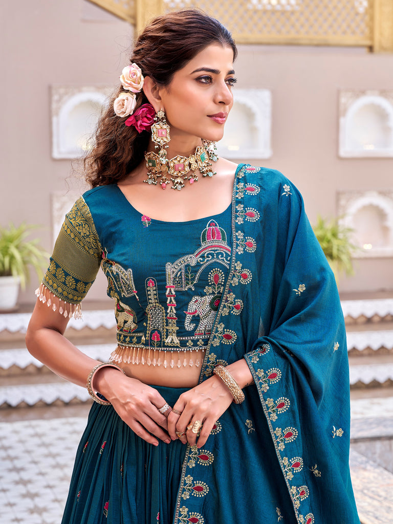 Beautiful Blue Thread Embroidered Silk Wedding Lehenga Choli