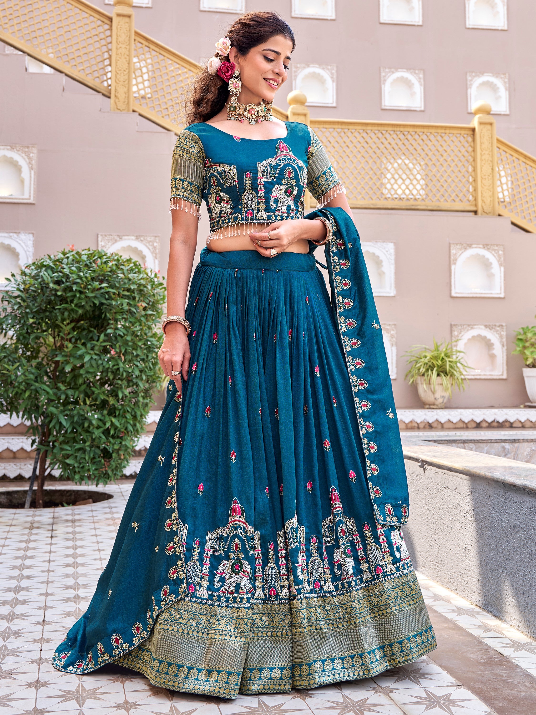 Beautiful Blue Thread Embroidered Silk Wedding Lehenga Choli