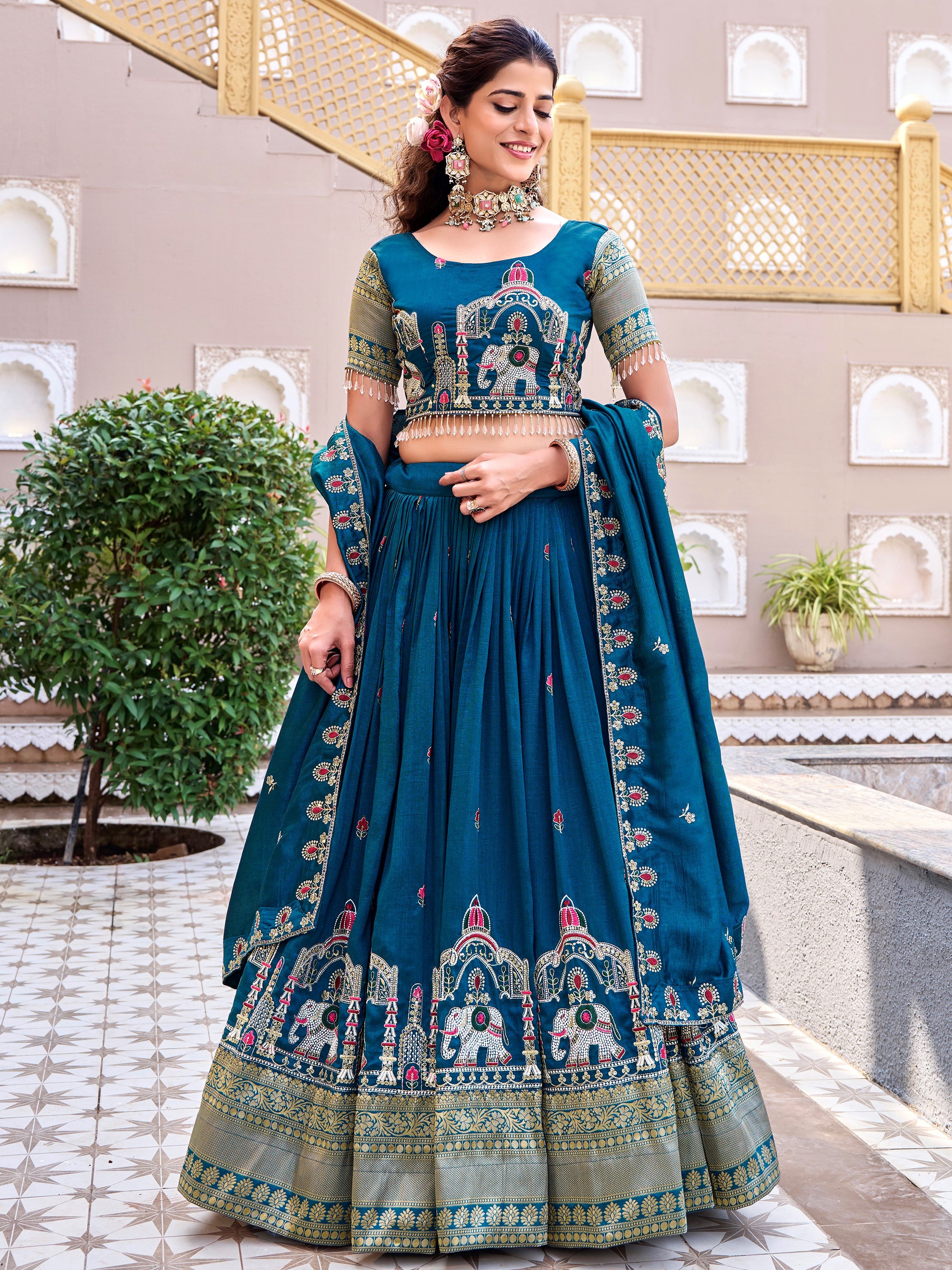 Beautiful Blue Thread Embroidered Silk Wedding Lehenga Choli