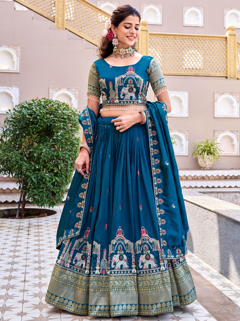 Beautiful Blue Thread Embroidered Silk Wedding Lehenga Choli