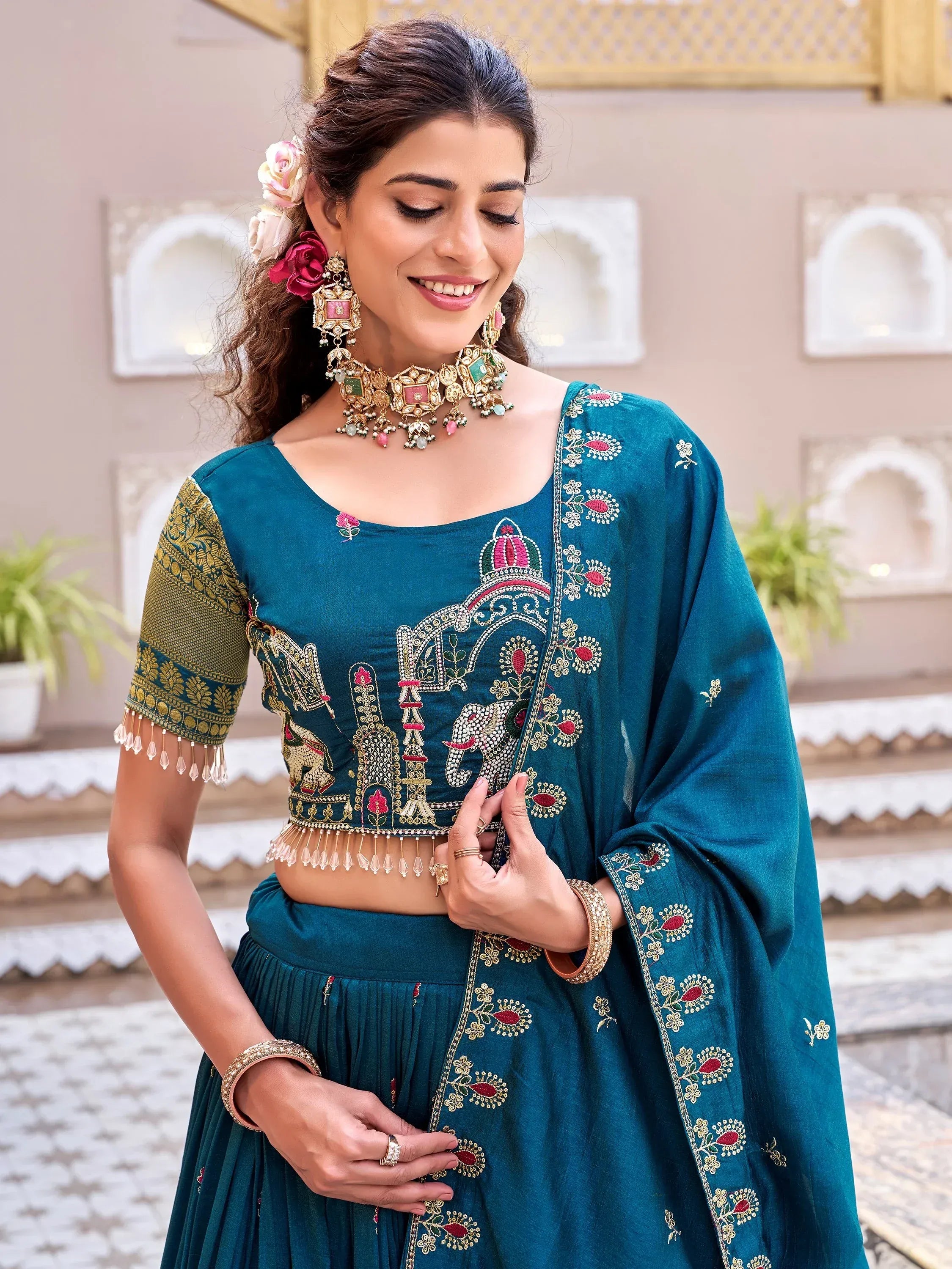 Beautiful Blue Thread Embroidered Silk Wedding Lehenga Choli