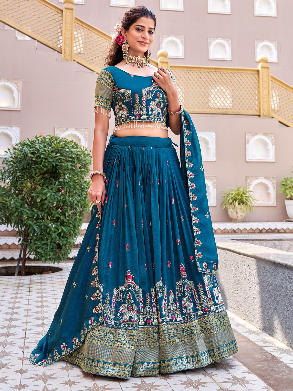 Beautiful Blue Thread Embroidered Silk Wedding Lehenga Choli
