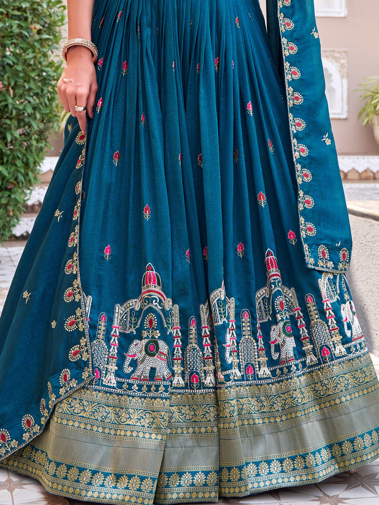 Beautiful Blue Thread Embroidered Silk Wedding Lehenga Choli