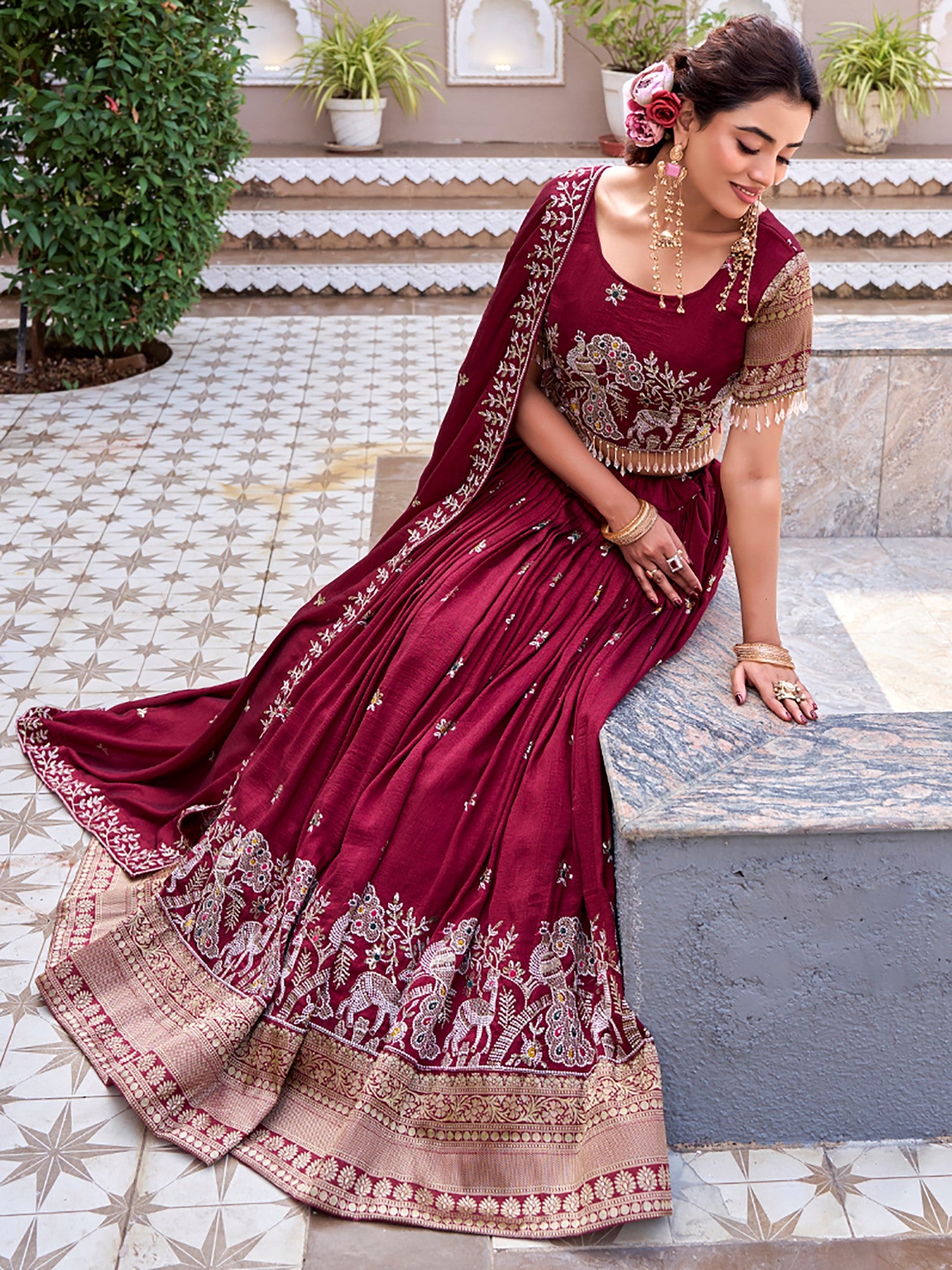 Attractive Red Thread Embroidered Silk Lehenga Choli With Dupatta