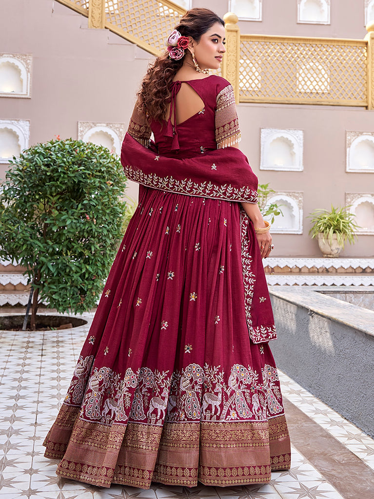 Attractive Red Thread Embroidered Silk Lehenga Choli With Dupatta