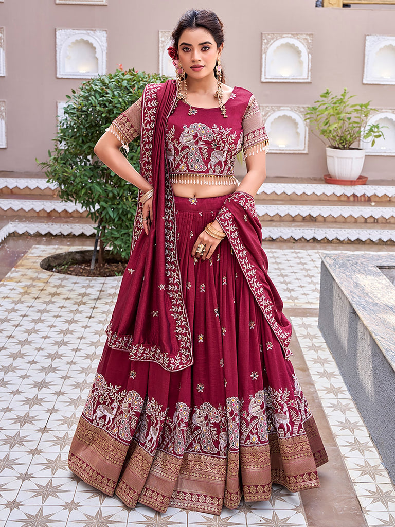 Attractive Red Thread Embroidered Silk Lehenga Choli With Dupatta