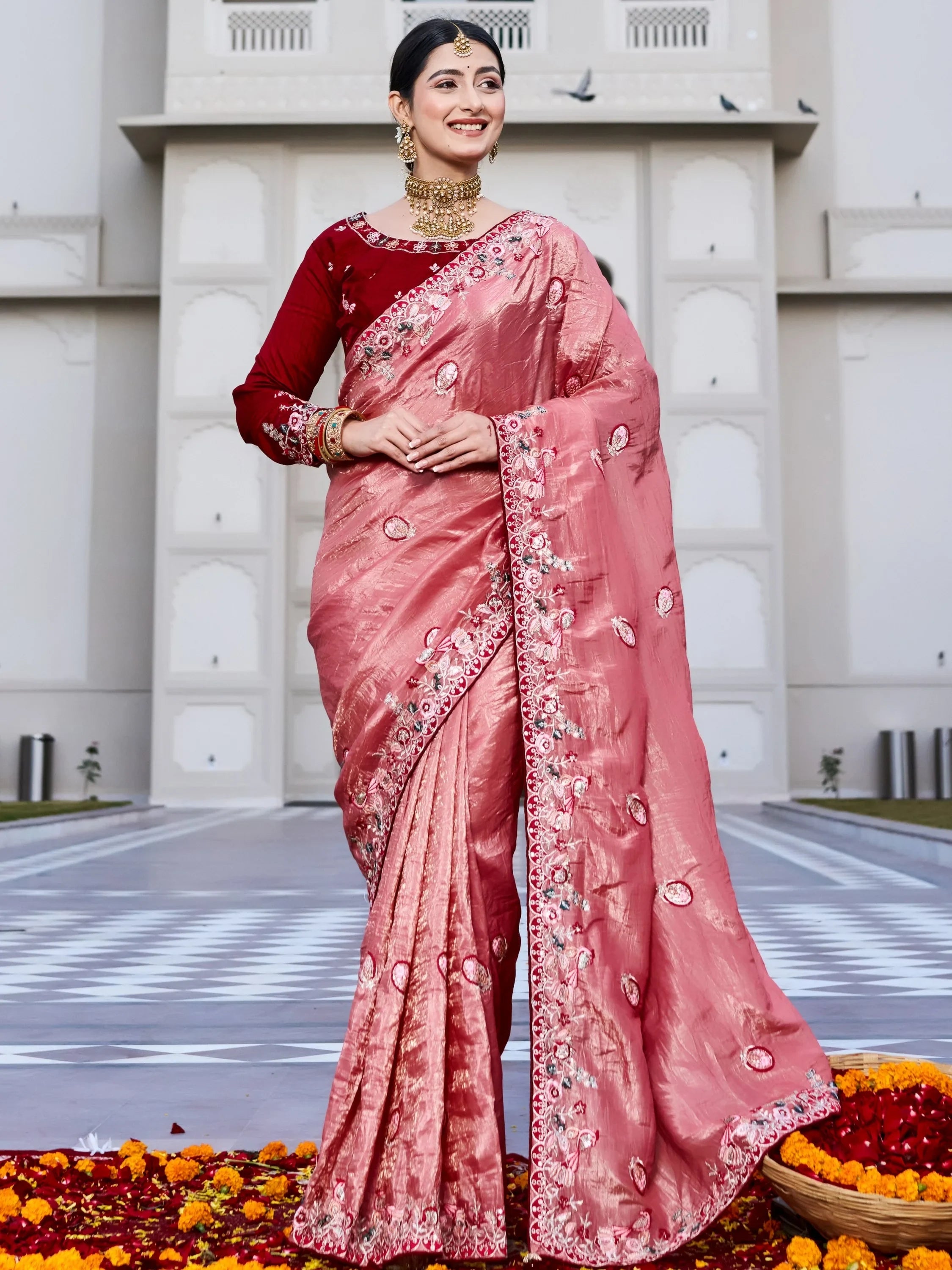 Graceful Pink Thread Embroidered Silk Wedding Wear Saree With Blouse