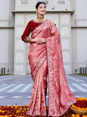Graceful Pink Thread Embroidered Silk Wedding Wear Saree With Blouse