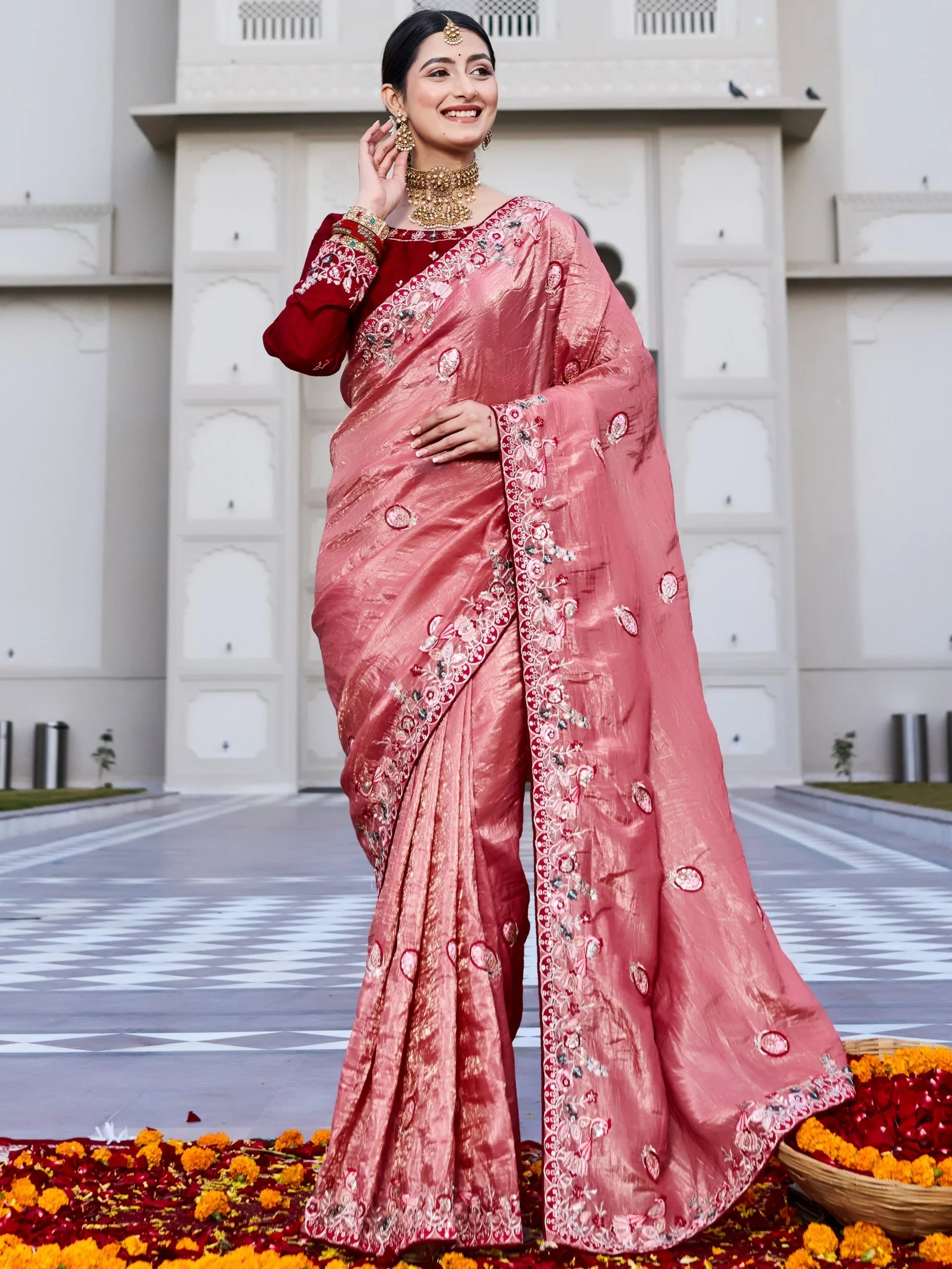 Graceful Pink Thread Embroidered Silk Wedding Wear Saree With Blouse