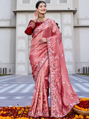 Graceful Pink Thread Embroidered Silk Wedding Wear Saree With Blouse