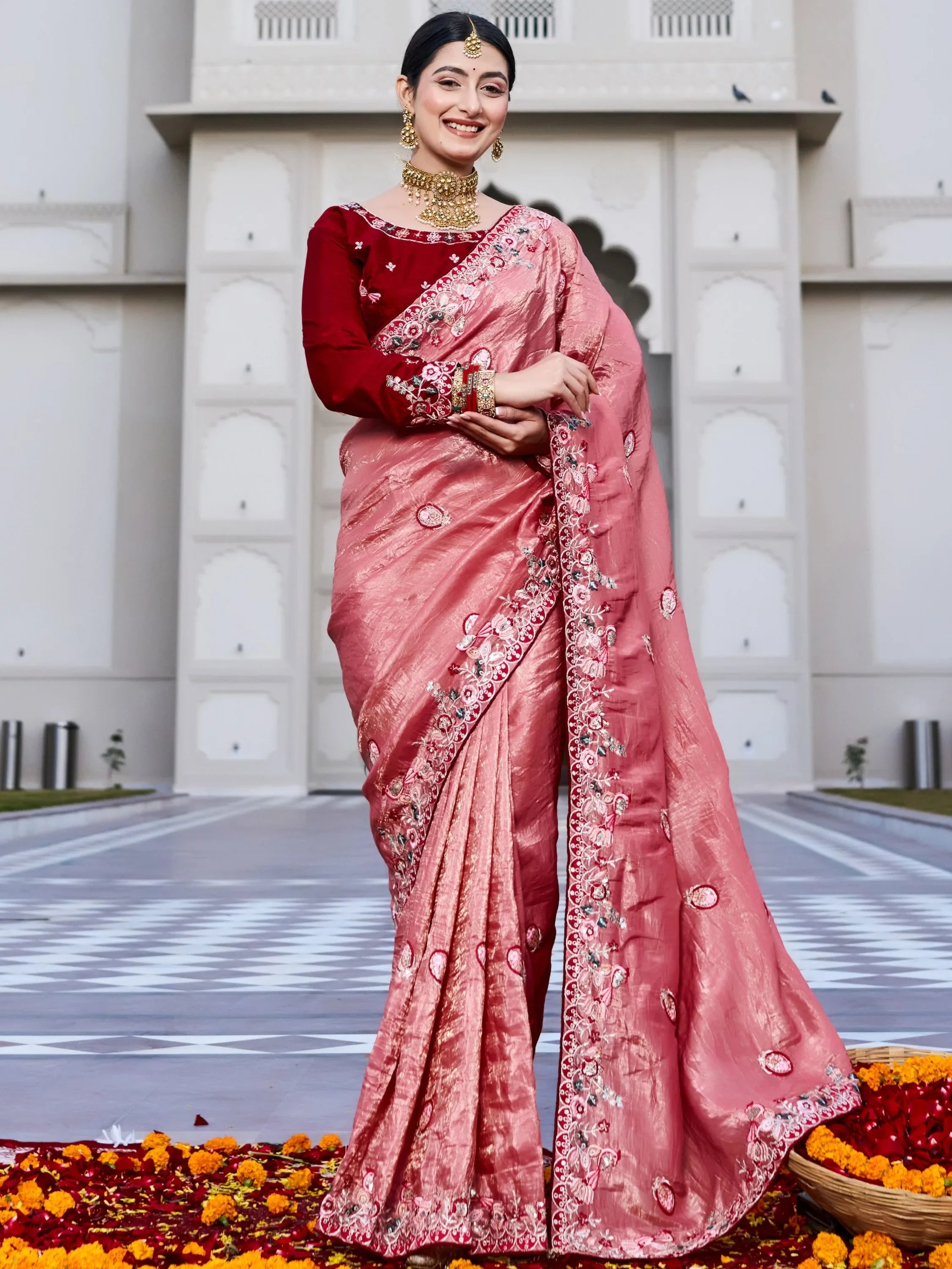 Graceful Pink Thread Embroidered Silk Wedding Wear Saree With Blouse