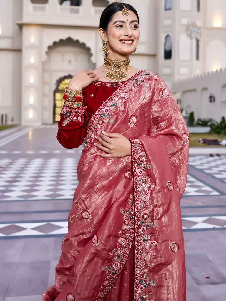 Graceful Pink Thread Embroidered Silk Wedding Wear Saree With Blouse