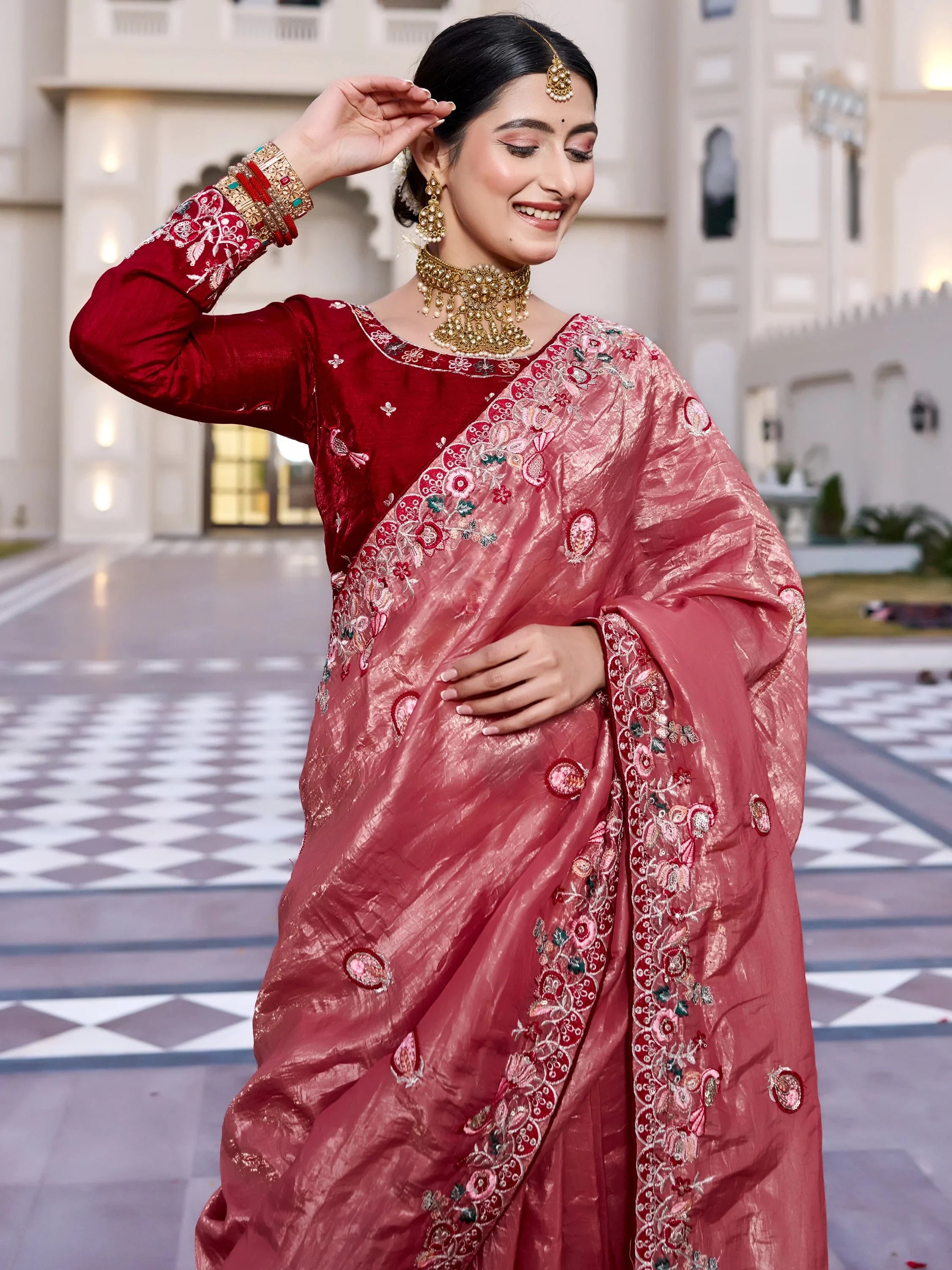 Graceful Pink Thread Embroidered Silk Wedding Wear Saree With Blouse