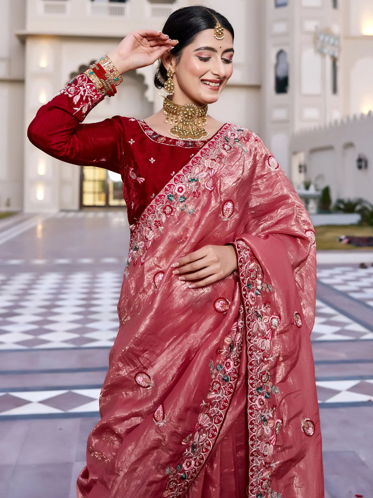 Graceful Pink Thread Embroidered Silk Wedding Wear Saree With Blouse