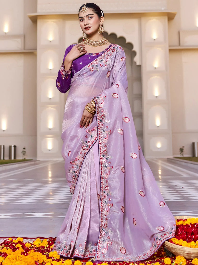 Pretty Lavender Thread Embroidered Silk Festival Wear Saree With Blouse