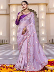 Pretty Lavender Thread Embroidered Silk Festival Wear Saree With Blouse
