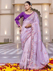 Pretty Lavender Thread Embroidered Silk Festival Wear Saree With Blouse