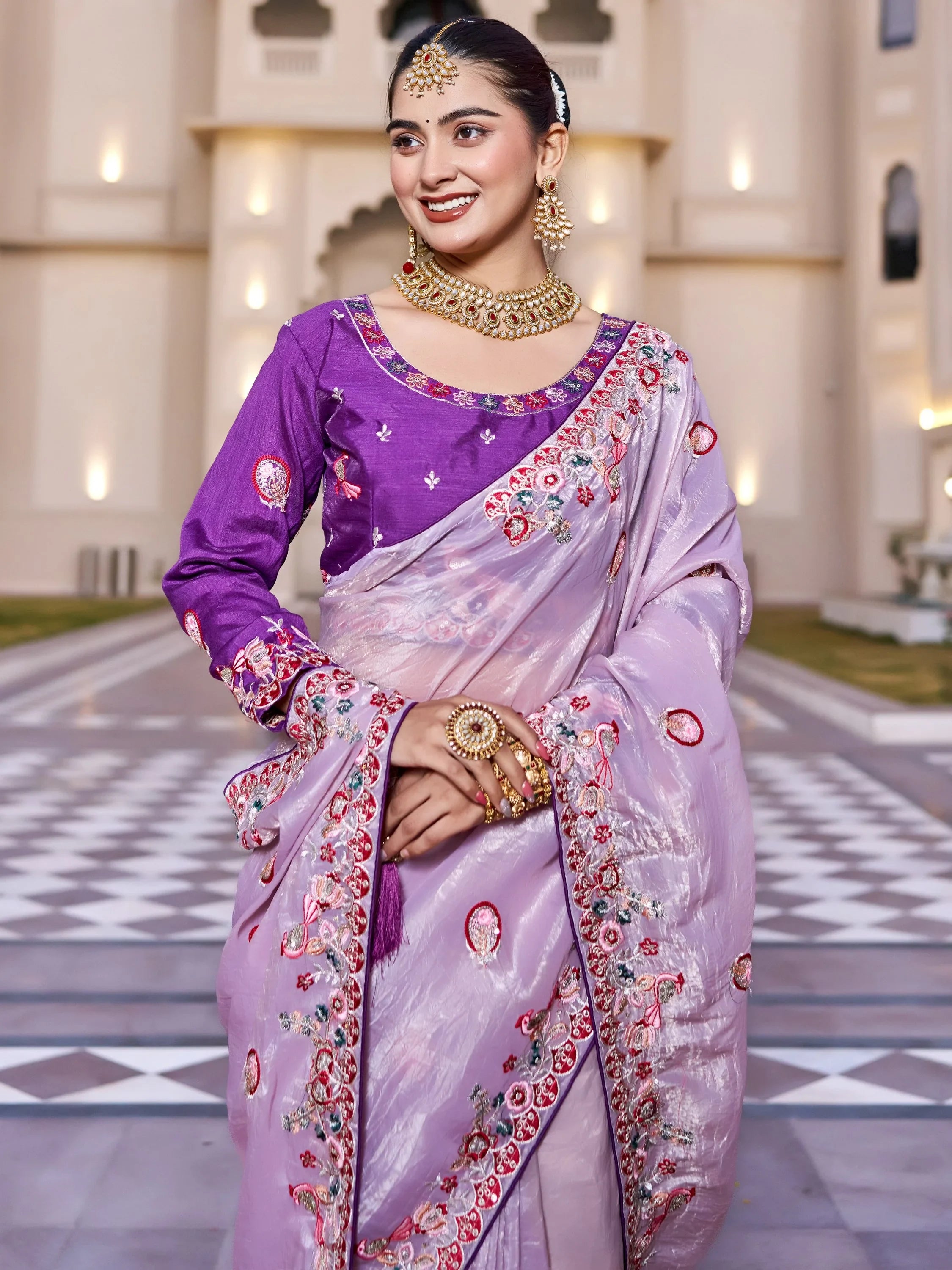 Pretty Lavender Thread Embroidered Silk Festival Wear Saree With Blouse