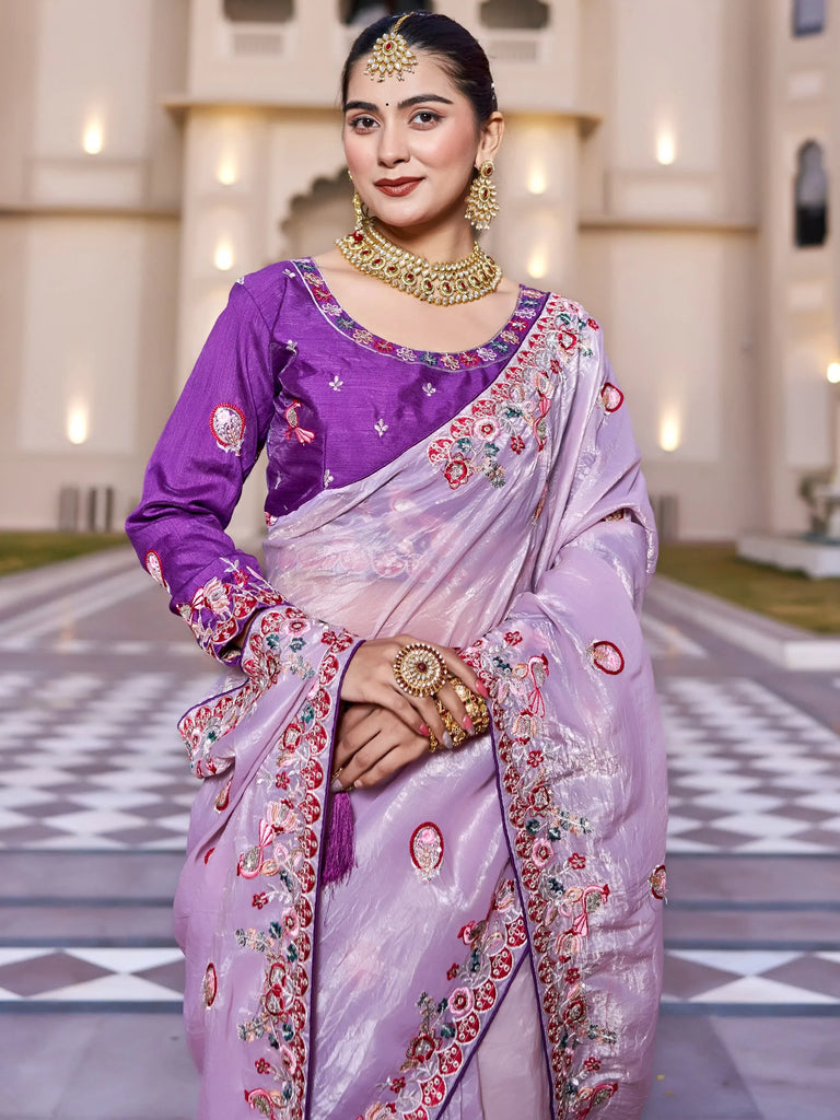 Pretty Lavender Thread Embroidered Silk Festival Wear Saree With Blouse