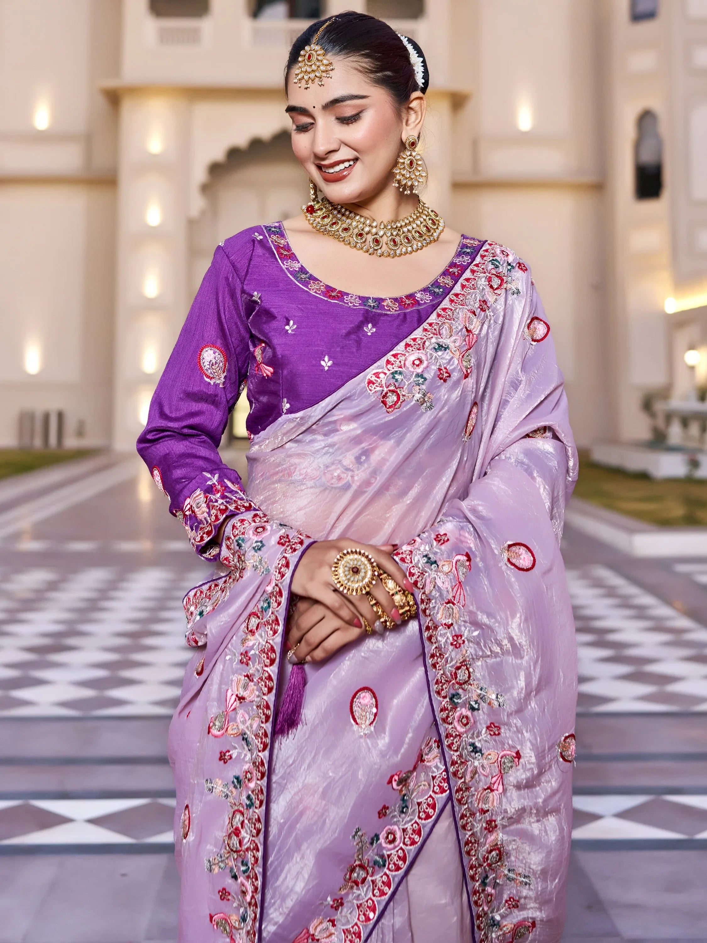 Pretty Lavender Thread Embroidered Silk Festival Wear Saree With Blouse