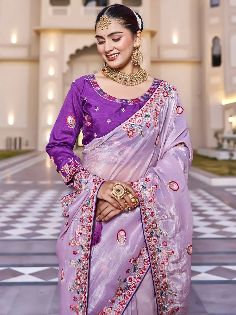 Pretty Lavender Thread Embroidered Silk Festival Wear Saree With Blouse