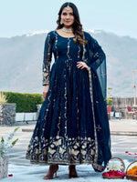 Classic Teal Blue Sequins Georgette Festive Wear Gown With Dupatta