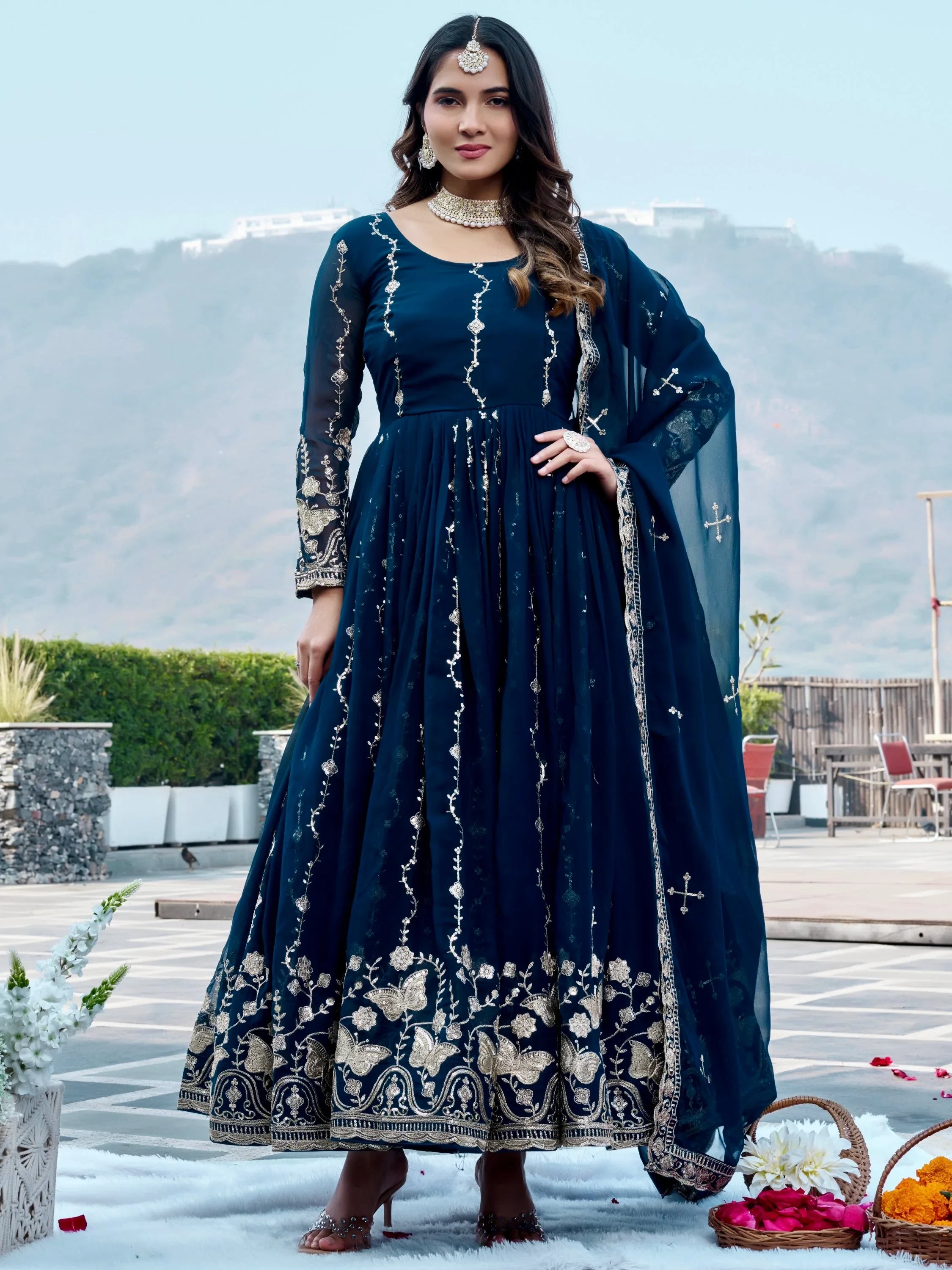 Classic Teal Blue Sequins Georgette Festive Wear Gown With Dupatta