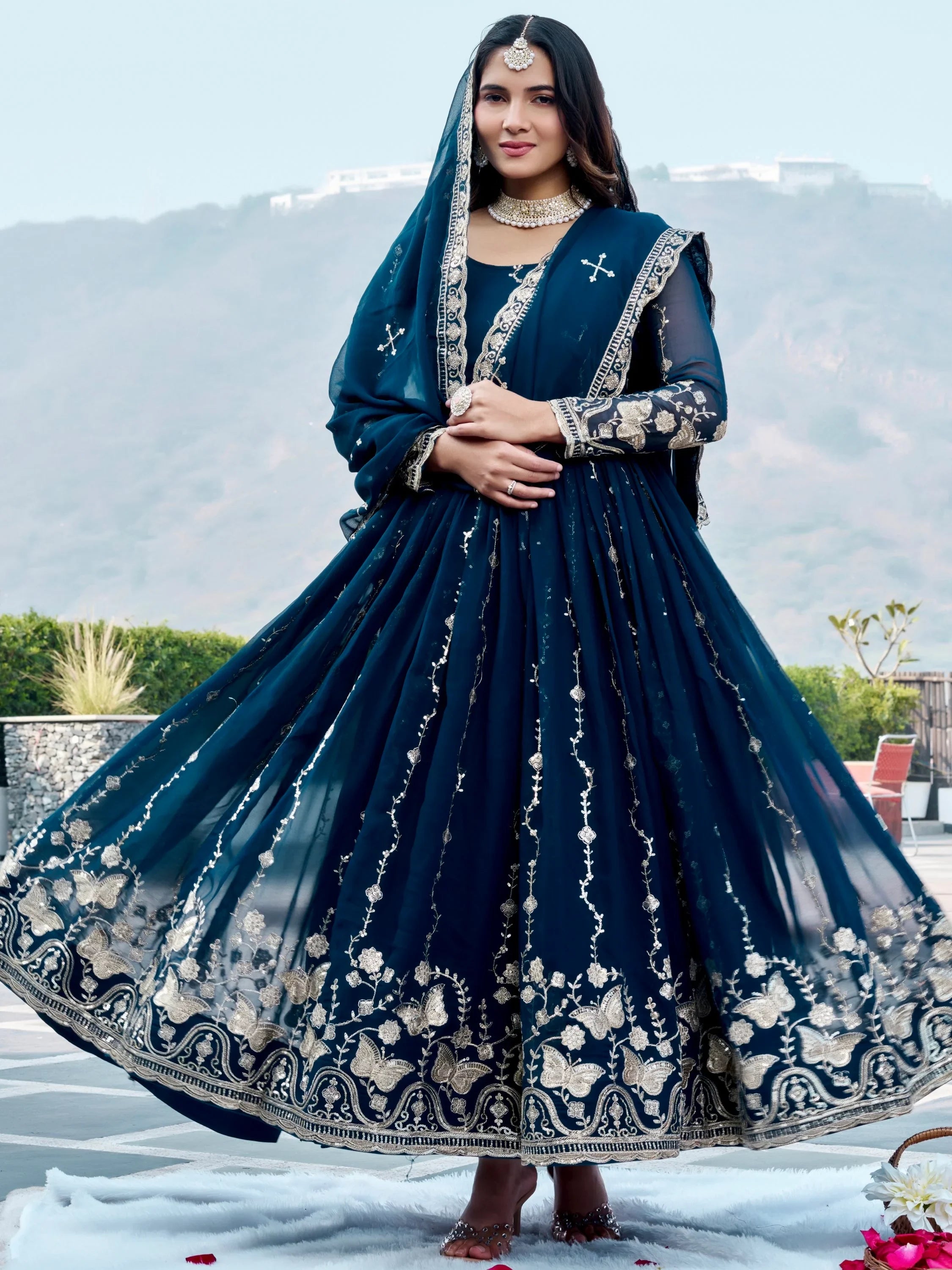 Classic Teal Blue Sequins Georgette Festive Wear Gown With Dupatta