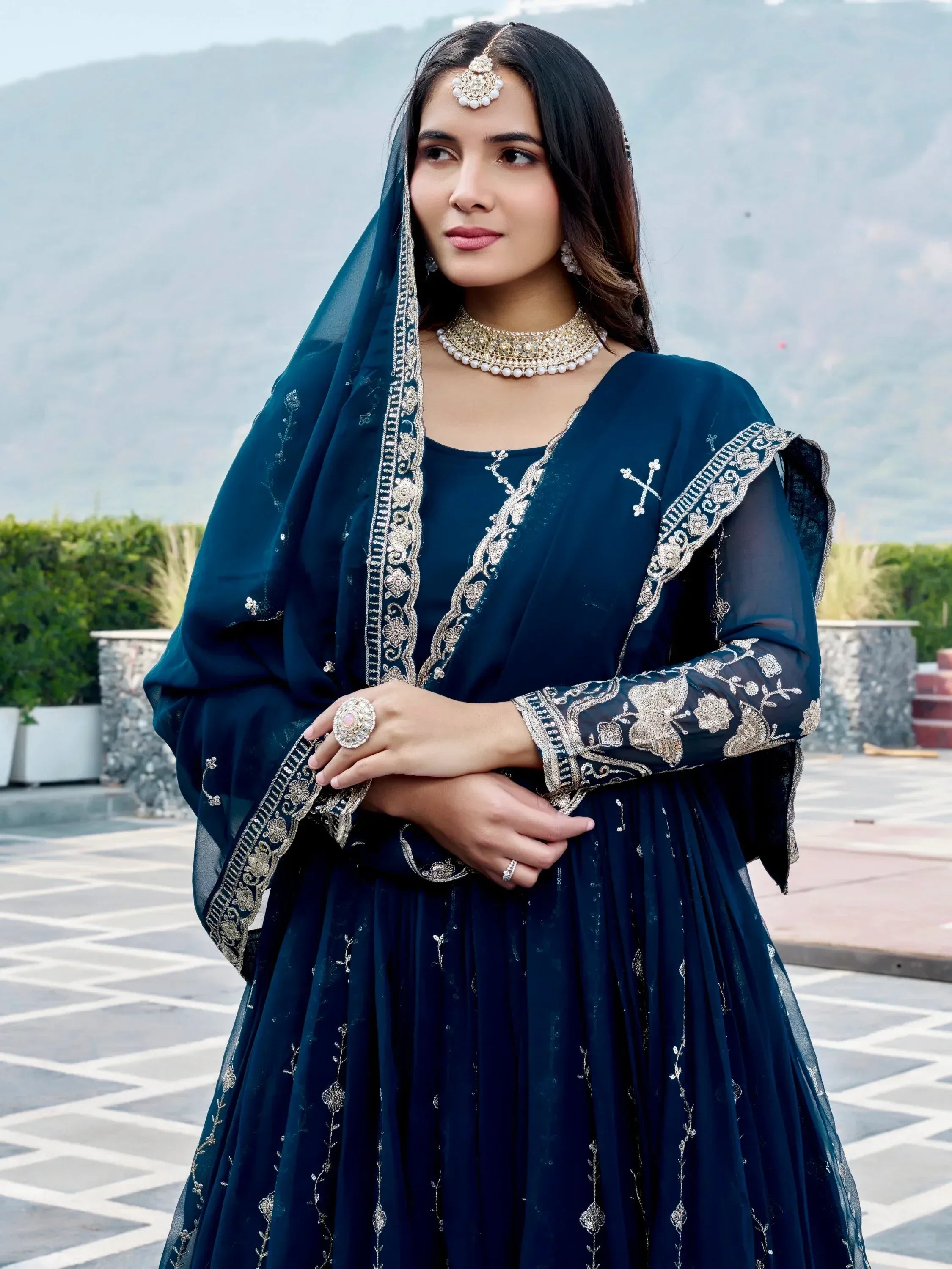Classic Teal Blue Sequins Georgette Festive Wear Gown With Dupatta