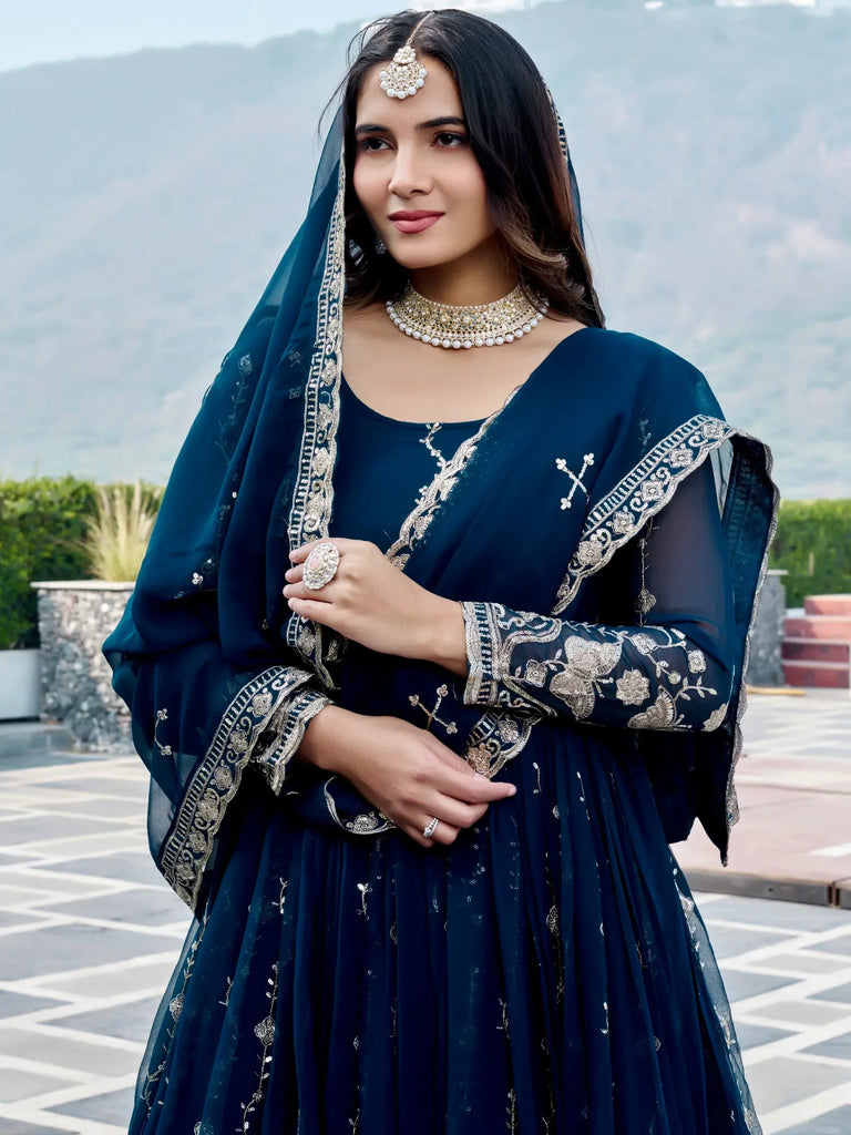 Classic Teal Blue Sequins Georgette Festive Wear Gown With Dupatta