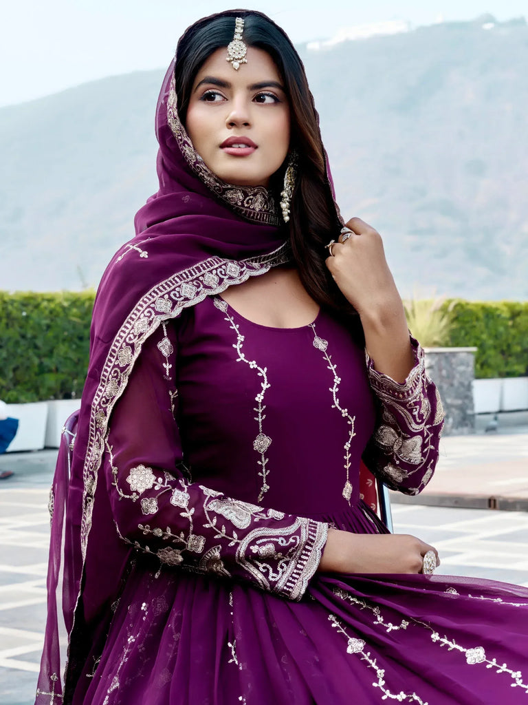 Fantastic Wine Embroidered Georgette Wedding Wear Gown With Dupatta