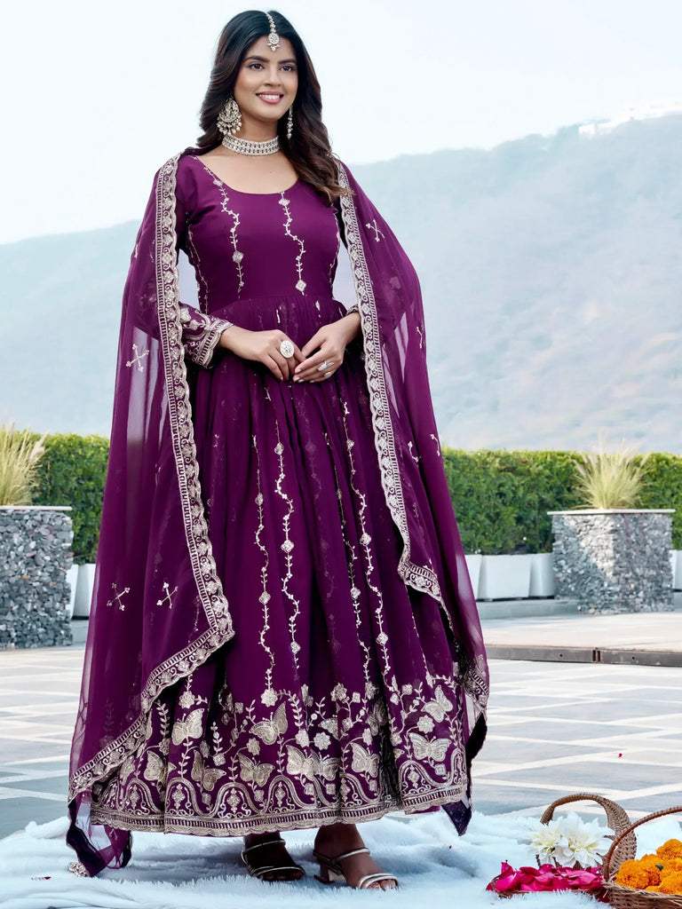 Fantastic Wine Embroidered Georgette Wedding Wear Gown With Dupatta