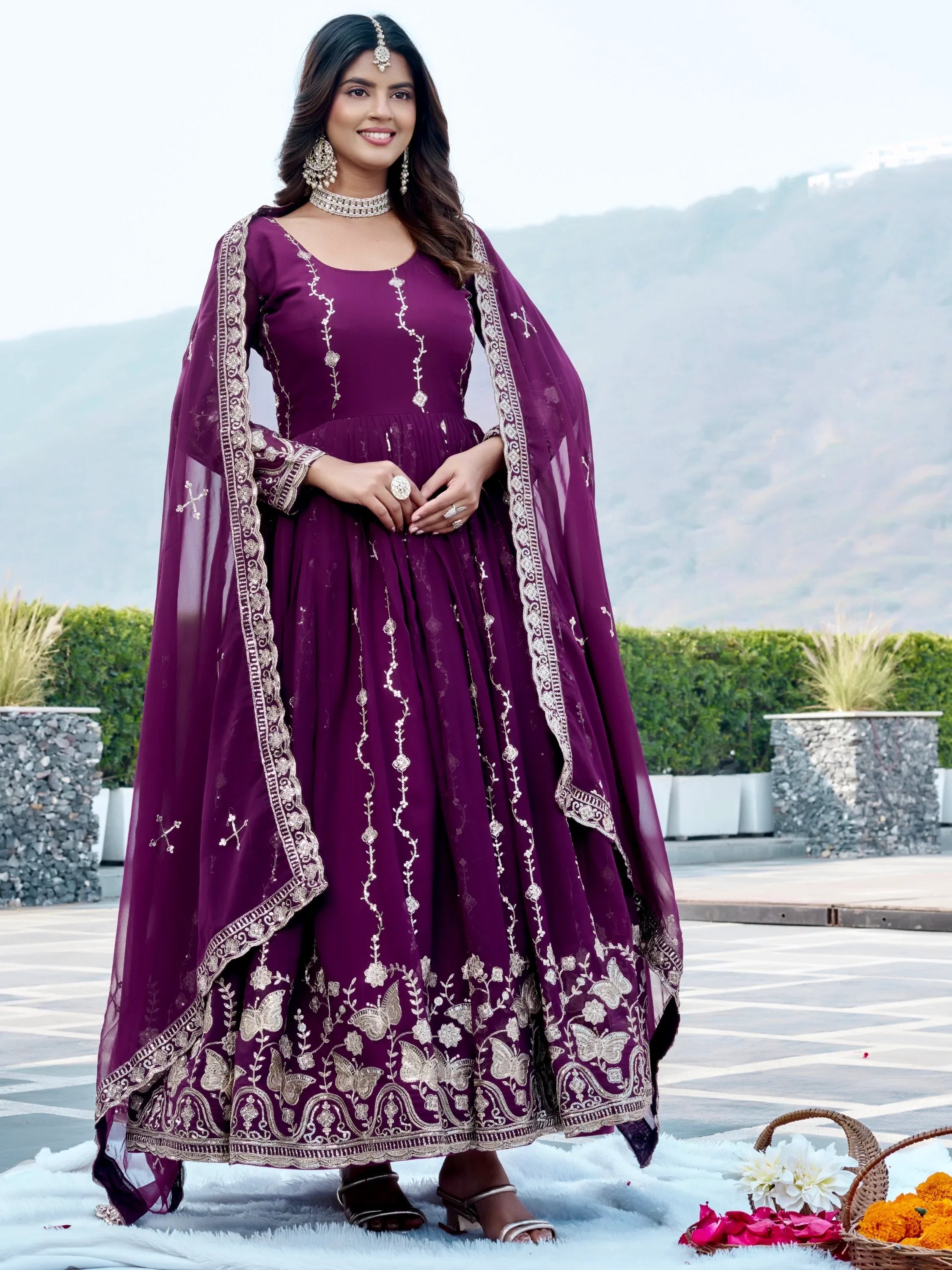 Fantastic Wine Embroidered Georgette Wedding Wear Gown With Dupatta