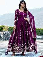 Fantastic Wine Embroidered Georgette Wedding Wear Gown With Dupatta
