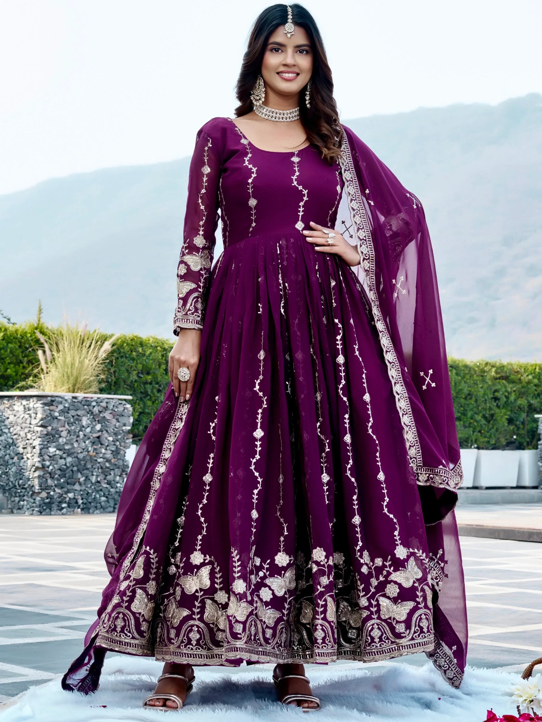 Fantastic Wine Embroidered Georgette Wedding Wear Gown With Dupatta