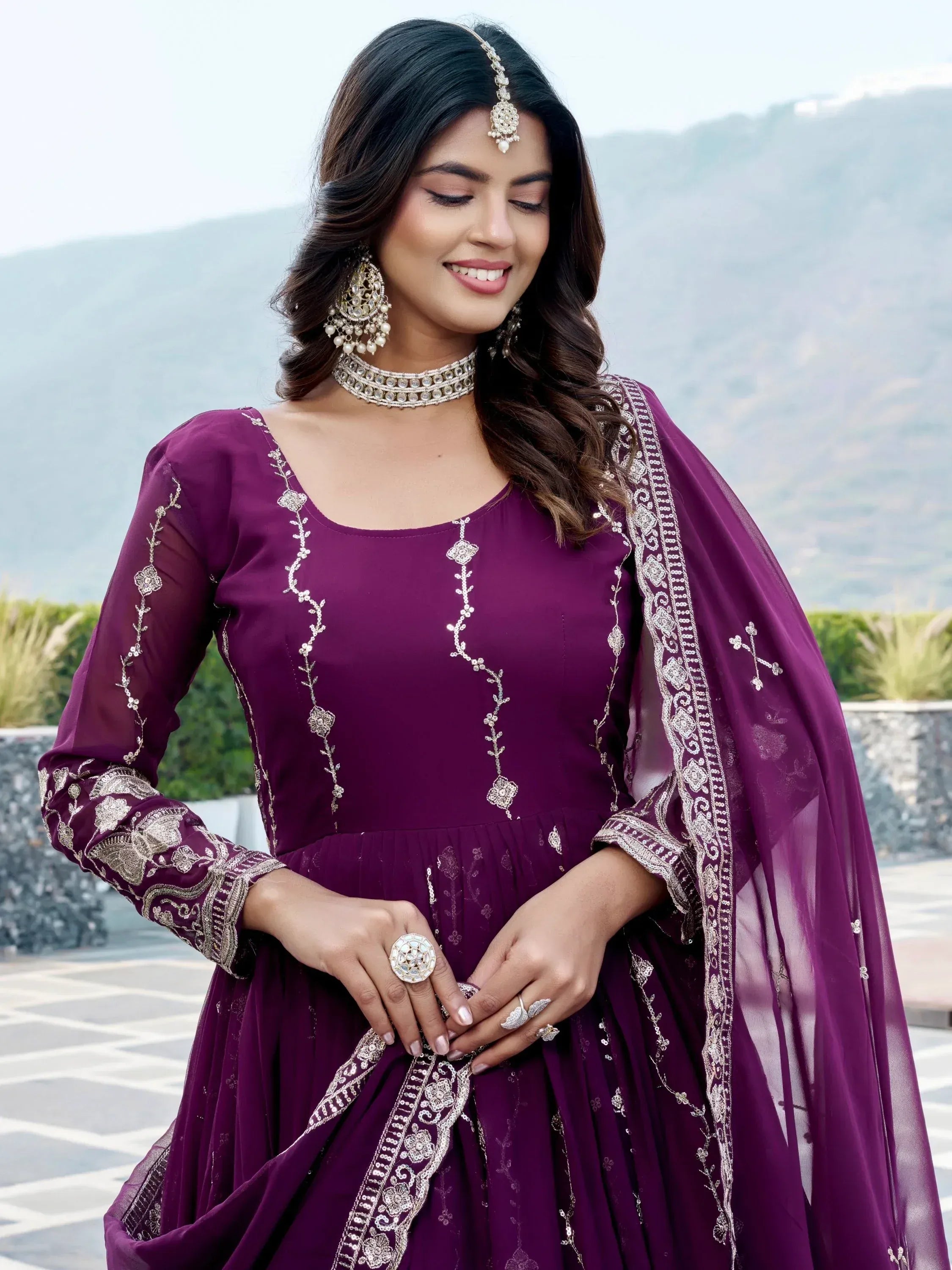 Fantastic Wine Embroidered Georgette Wedding Wear Gown With Dupatta