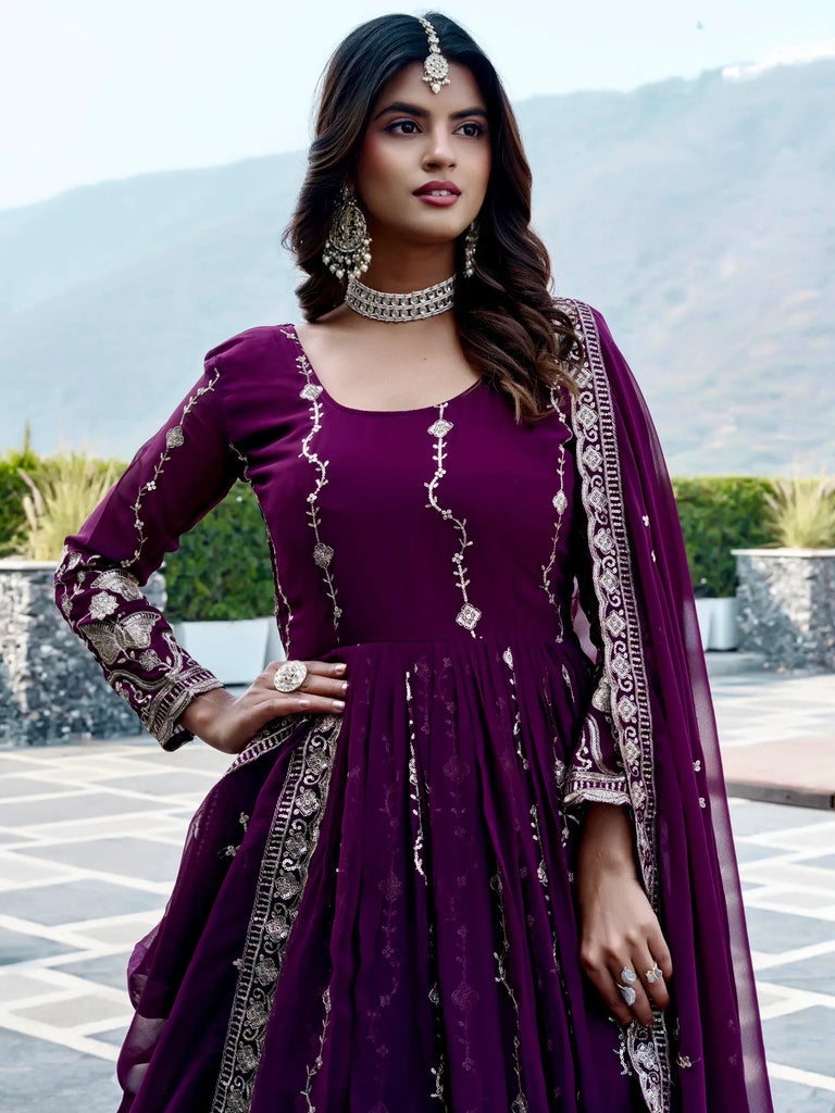 Fantastic Wine Embroidered Georgette Wedding Wear Gown With Dupatta