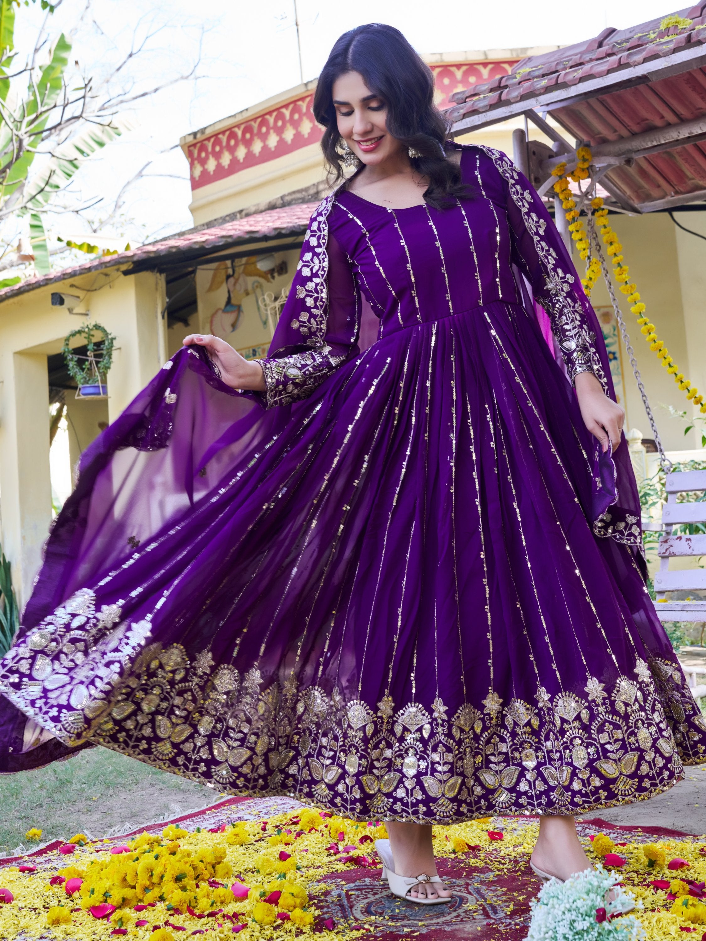 Stunning Purple Sequins Georgette Evening Wear Gown With Dupatta