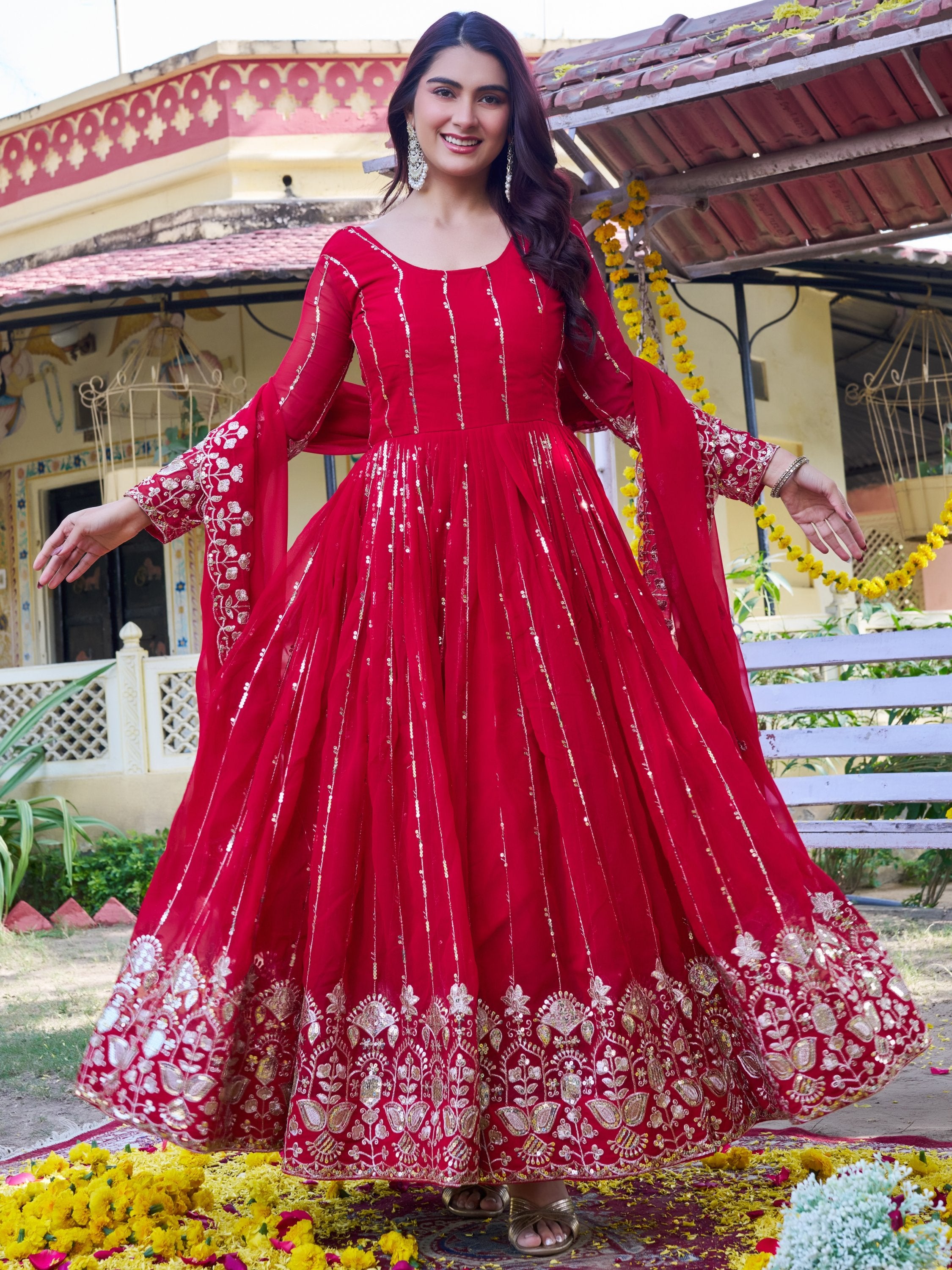 Lovely Red Sequins Georgette Engagement Wear Gown With Dupatta