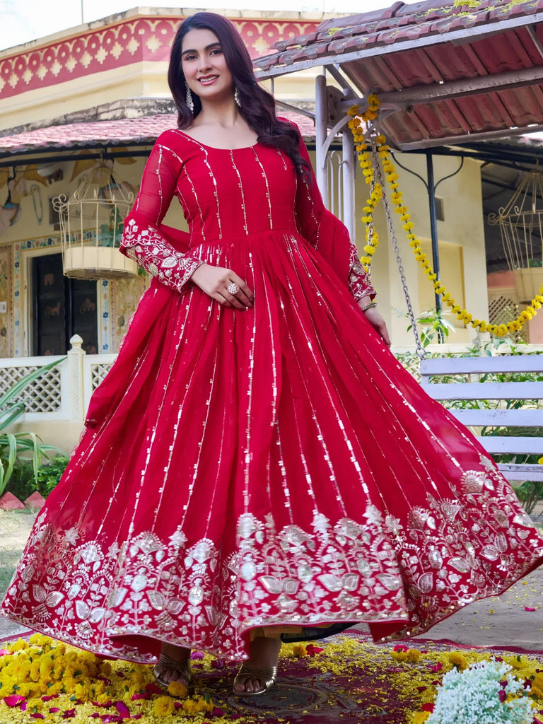 Lovely Red Sequins Georgette Engagement Wear Gown With Dupatta