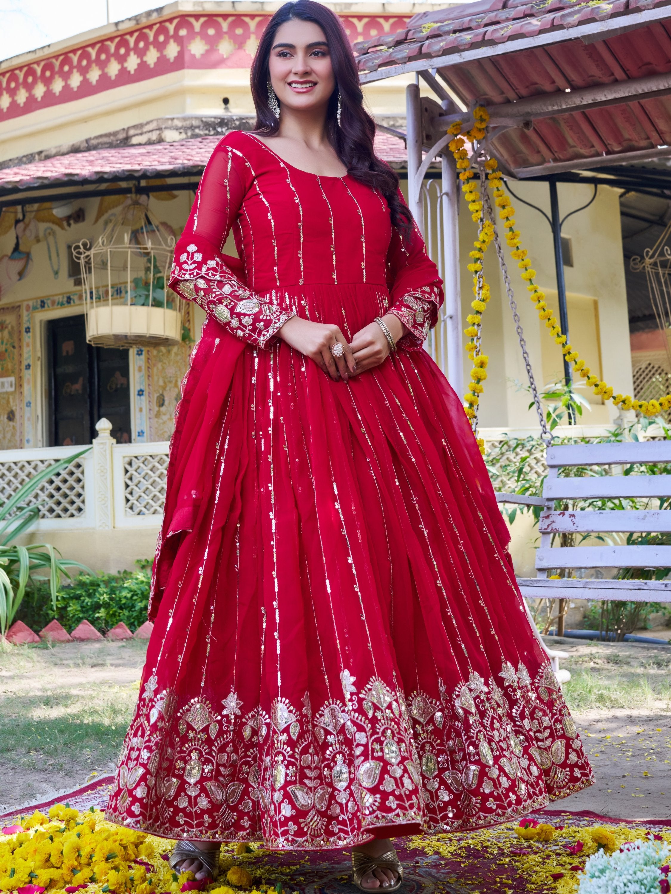 Lovely Red Sequins Georgette Engagement Wear Gown With Dupatta
