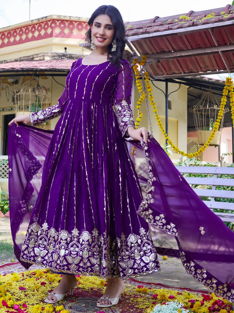 Stunning Purple Sequins Georgette Evening Wear Gown With Dupatta